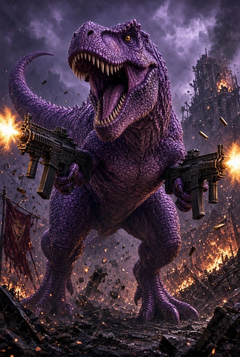 A giant purple tyrannosaurus standing in a dramatic burning city